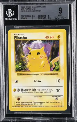 1999 POKEMON SHADOWLESS RED CHEEKS #58 PIKACHU BGS 9 - Image 1