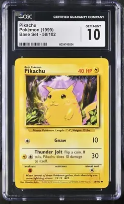 Pikachu CGC 10 GEM MINT Base Set Unlimited 58/102 Pokemon (1999) Yellow Cheeks - Image 1