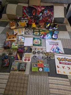 Huge Pokemon TCG Accessories Lot Charizard, Pikachu, Eevee, Pins & Figures - Image 1