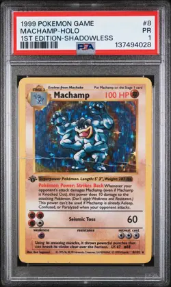 1999 POKEMON GAME 8/102 MACHAMP HOLO 1ST EDITION SHADOWLESS BASE SET PSA 1 - Image 1