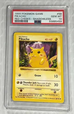 1999 POKEMON BASE SET SHADOWLESS PIKACHU RED CHEEKS #58 PSA 10 GEM MT. - Image 1