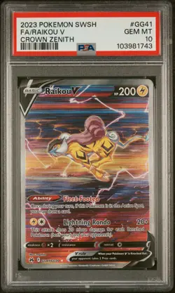 2023 POKEMON SWORD & SHIELD CROWN ZENITH #GG41 FULL ART/RAIKOU V PSA 10 - Image 1