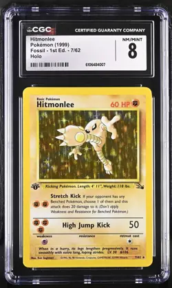 CGC 8 Hitmonlee 1999 Fossil - 1st Edition 7/62 Holo Graded Pokemon Card - Image 1