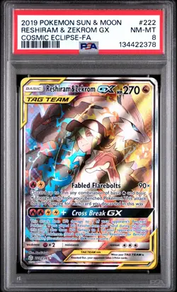 2019 POKEMON SUN & MOON COSMIC ECLIPSE #222 FULL ART/RESHIRAM & ZEKROM GX PSA 8 - Image 1