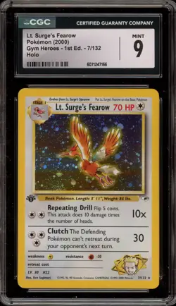 Pokemon Lt. Surge's Fearow Gym Heroes 1st Edition Holo Rare #7 CGC 9 Mint - Image 1