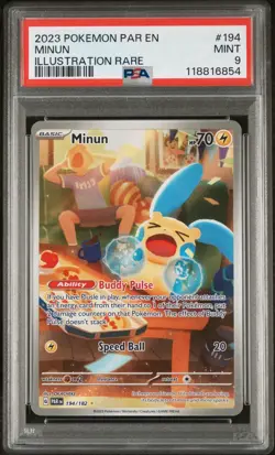 PSA 9 🔥Pokemon TCG Minun 194/182 Paradox Rift Holo - Image 1