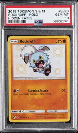 2019 POKEMON SUN & MOON HIDDEN FATES #SV23 ROCKRUFF-HOLO PSA 10 - Image 1