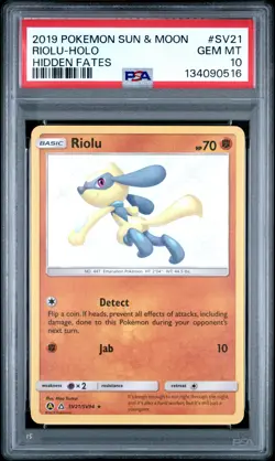 2019 POKEMON SUN & MOON HIDDEN FATES #SV21 RIOLU-HOLO PSA 10 - Image 1
