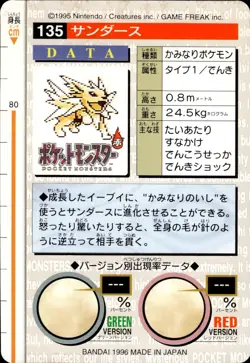 Jolteon Carddass 1996 Vintage Pokemon Pocket Monsters Vending Card B63 LP - Image 2