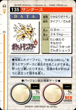 Jolteon Carddass 1996 Vintage Pokemon Pocket Monsters Vending Card B63 LP - Image 2