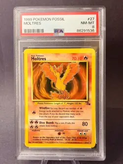 1999 Pokemon Moltres Fossil #27/62 PSA 8 Near Mint Slab (ENG) - Image 1