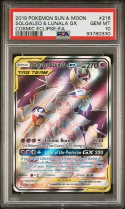 2019 POKEMON SUN & MOON COSMIC ECLIPSE #216 FULL ART/SOLGALEO & LUNALA GX PSA 10 - Image 1