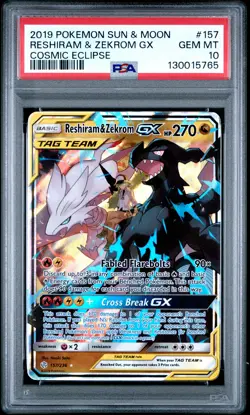 2019 POKEMON SUN & MOON COSMIC ECLIPSE #157 RESHIRAM & ZEKROM GX PSA 10 - Image 1