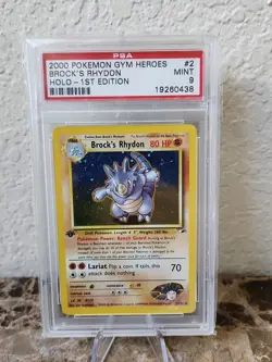 Brock's Rhydon 1st Edition Holo PSA 9 MINT Pokemon Card Gym Heroes 2000 #2/132 - Image 1