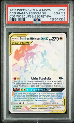 2019 POKEMON SUN & MOON COSMIC ECLIPSE #259 FULL ART/RESHIRAM & ZEKROM GX PSA 10 - Image 1