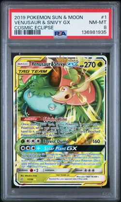 2019 POKEMON SUN & MOON COSMIC ECLIPSE #1 VENUSAUR & SNIVY GX PSA 8 - Image 1