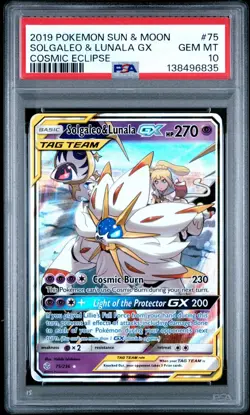 2019 Pokemon Sun Moon Cosmic Eclipse Solgaleo Lunala GX #75/236 PSA 10 GEM MINT - Image 1