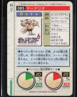 Dodrio No. 085 Green Bandai Carddass Series 1-2 G 1996 Pokemon Japanese NM - Image 3