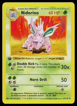 Pokemon Card - Nidorino Base Set (Shadowless) 37/102 Uncommon 1st Edition - Image 1