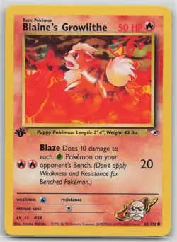 Pokemon Card 1st Edition Blaine's Growlithe (62) Common Gym Heroes 062/132 L - Image 1