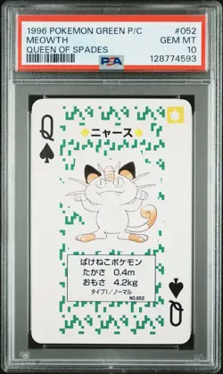 Pokemon Green Meowth Queen of Spades Playing Poker Card 1996 PSA 10 GEM MINT - Image 1