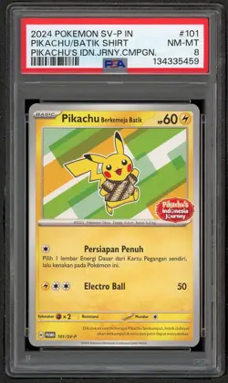 PSA 8 NM MINT Pikachu Berkemeja Batik Promo 101/SV-P Journey Pokemon Indonesia - Image 1