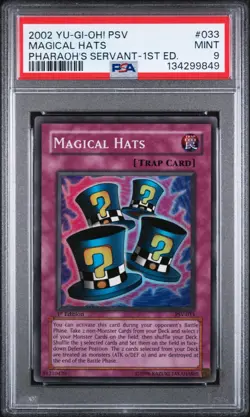 2002 YuGiOh PSV-033 Magical Hats Pharaohs Servant 1st Edition PSA 9 Mint Slab - Image 1