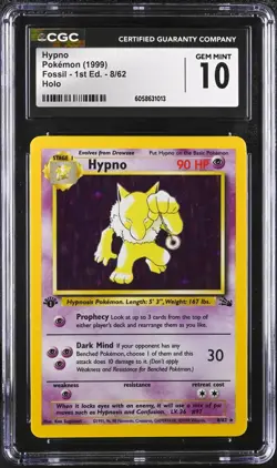 CGC 10 GEM MINT Hypno 1st Edition Fossil 8/62 Holo 1999 Pokemon Card psa - Image 1