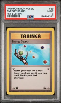 1999 POKEMON FOSSIL 1ST ED #59 ENERGY SEARCH PSA 9 - Image 1