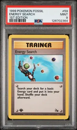 1999 POKEMON FOSSIL 1ST ED #59 ENERGY SEARCH PSA 9 - Image 1
