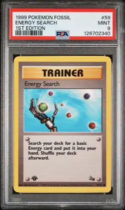 1999 POKEMON FOSSIL 1ST ED #59 ENERGY SEARCH PSA 9 - Image 1