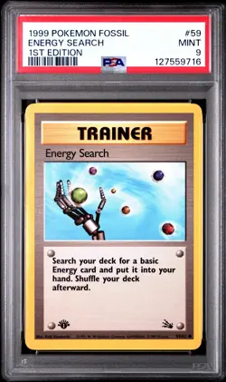 1999 POKEMON FOSSIL 1ST ED #59 ENERGY SEARCH PSA 9 - Image 1