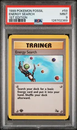 1999 POKEMON FOSSIL 1ST ED #59 ENERGY SEARCH PSA 9 - Image 1
