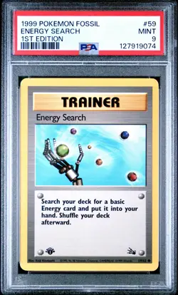 1999 POKEMON FOSSIL 1ST ED #59 ENERGY SEARCH PSA 9 - Image 1