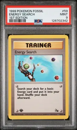 1999 POKEMON FOSSIL 1ST ED #59 ENERGY SEARCH PSA 9 - Image 1
