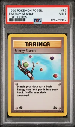 1999 POKEMON FOSSIL 1ST ED #59 ENERGY SEARCH PSA 9 - Image 1