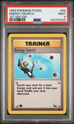 1999 POKEMON FOSSIL 1ST ED #59 ENERGY SEARCH PSA 9 - Image 1