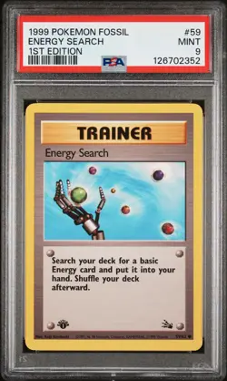 1999 POKEMON FOSSIL 1ST ED #59 ENERGY SEARCH PSA 9 - Image 1