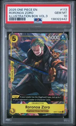 2025 ONE PIECE PROMOS ILLUSTRATION BOX VOL.3 #113 RORONOA ZORO PSA 10 - Image 1
