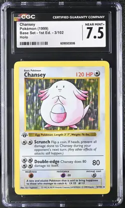 CGC 7.5 Chansey 3/102 Holo 1st Edition Shadowless Base Set Pokemon Card - Image 1