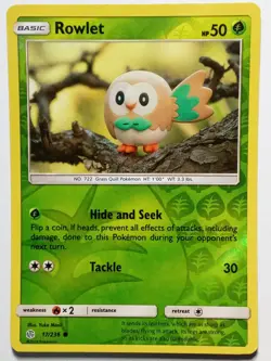 REVERSE HOLO Rowlet 17/236 NM Yuka Morii Clay Art - Cosmic Eclipse Pokemon Card - Image 1