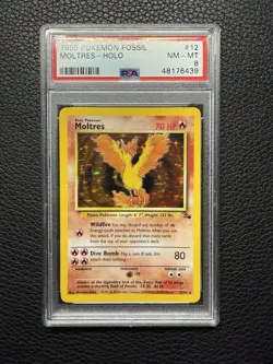 1999 Pokemon Fossil Unlimited Moltres Holo #12 12/62 Rare PSA 8 NM-MT old cert - Image 1