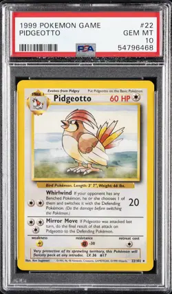 1999 POKEMON BASE SET UNLIMITED #22 PIDGEOTTO PSA 10 - Image 1