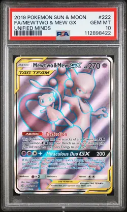 2019 POKEMON SUN & MOON UNIFIED MINDS #222 FULL ART/MEWTWO & MEW GX PSA 10 - Image 1