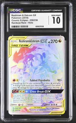 CGC 10 GEM MINT Reshiram & Zekrom GX Cosmic Eclipse 259/236 Rainbow Rare Pokemon - Image 1