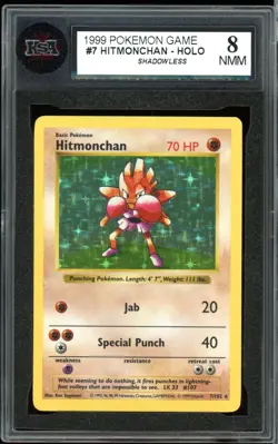 1999 Pokemon Base Set Shadowless #7 Hitmonchan Holo KSA 8 NMM - Image 1