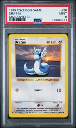 Pokemon Card Dratini 26/102 Shadowless Base Set 1999 PSA 9 MINT - Image 1