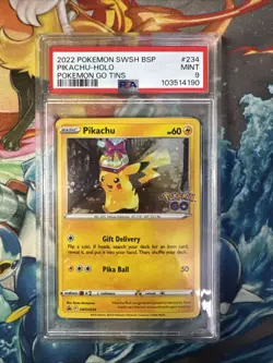 2022 POKEMON SWSH BLACK STAR PROMO POKEMON GO TINS #234 PIKACHU-HOLO PSA 9 - Image 1