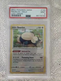 2022 Pokemon SWSH Snorlax - Holo 143 Lost Origin PSA 9 - Image 1