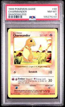 1999 POKEMON GAME #46 CHARMANDER SHADOWLESS PSA 8 - Image 1